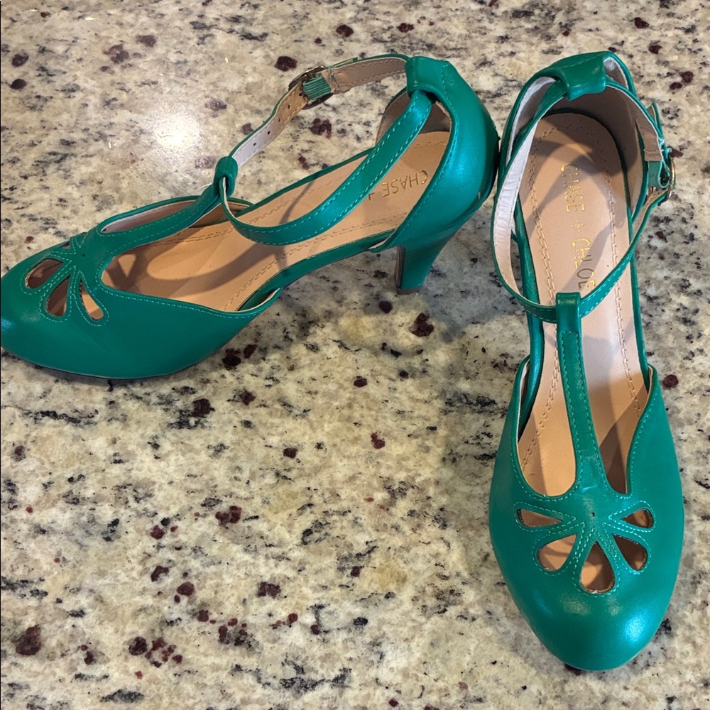 Chase + Chloe Teal T-Strap Heels